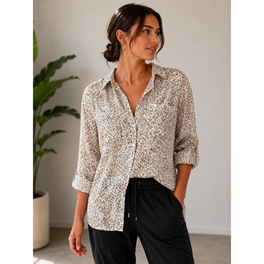 Chicos The Keys Shirt‎ Button Down Burnt Yellow Ochre Skeleton Key Top Size 1XL